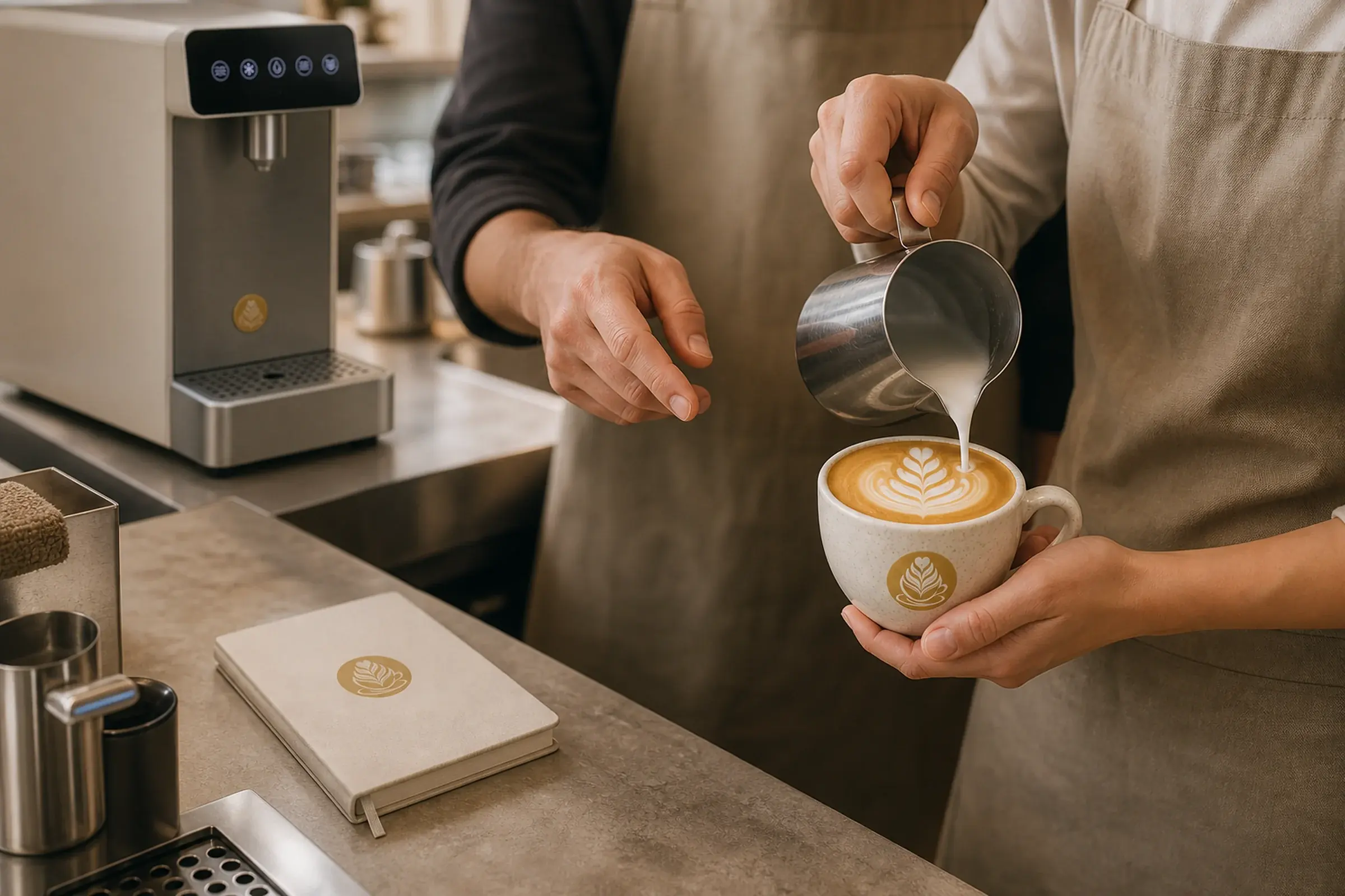 Golden Standard Academy obuka za šankom — ruke bariste sipaju latte art uz mentora
