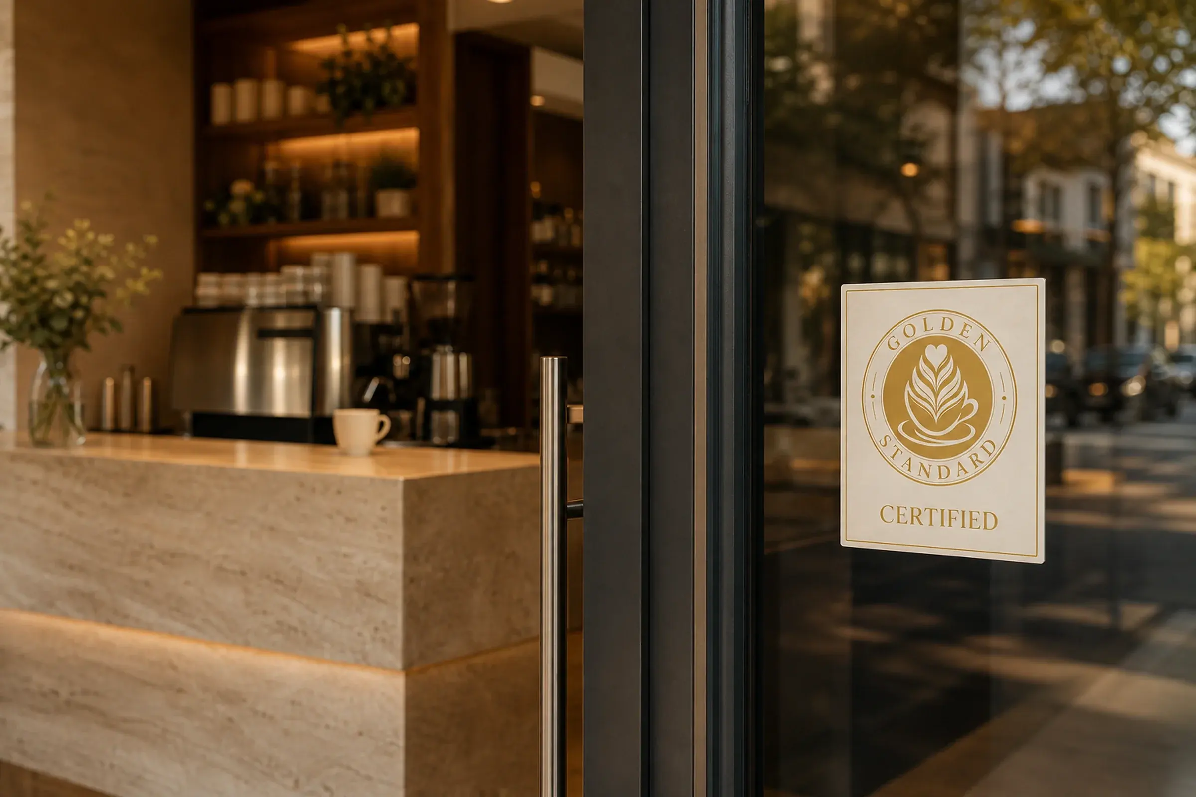 Ulaz kafeterije sa Golden Standard Certified plaketom na staklu