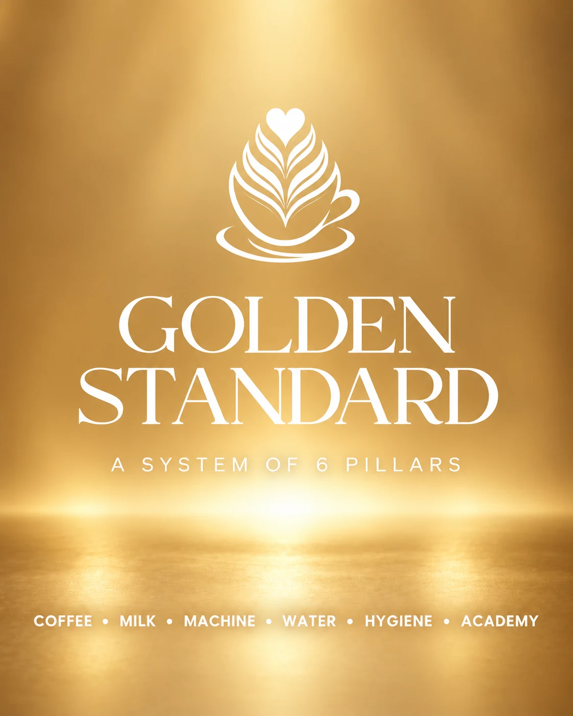Golden Standard — A system of 6 pillars: Coffee, Milk, Machine, Water, Hygiene, Academy