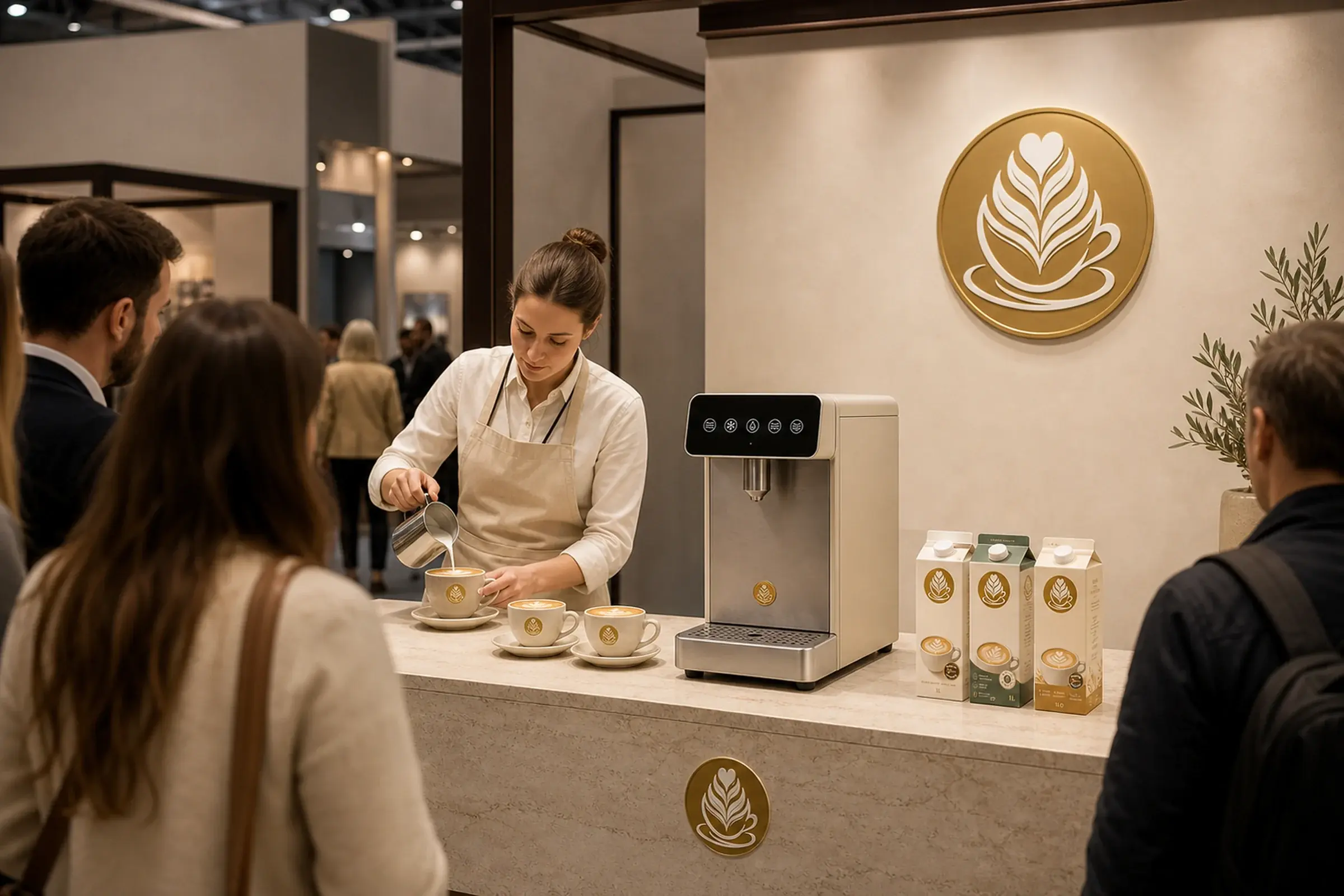 Golden Standard prezentacioni pult na sajmu — barista sipa mikropjenu uz aparat i tri mlijeka