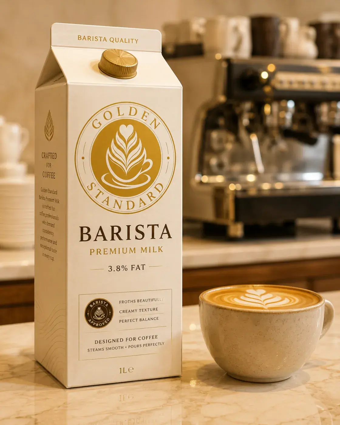 Golden Standard Barista Premium Milk 3.8 pakovanje na šanku kafeterije
