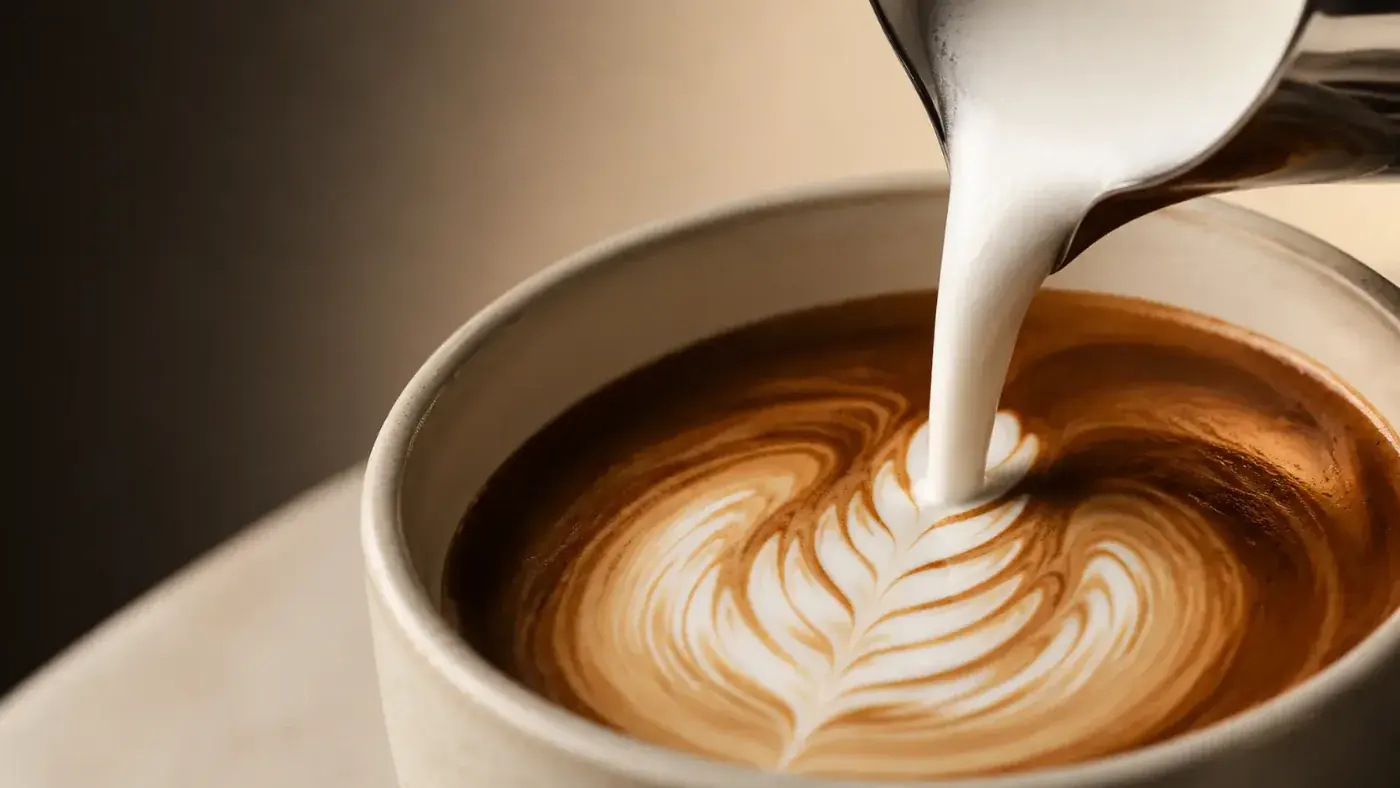 Makro detalj fine, sjajne mikropjene s latte art rozetom