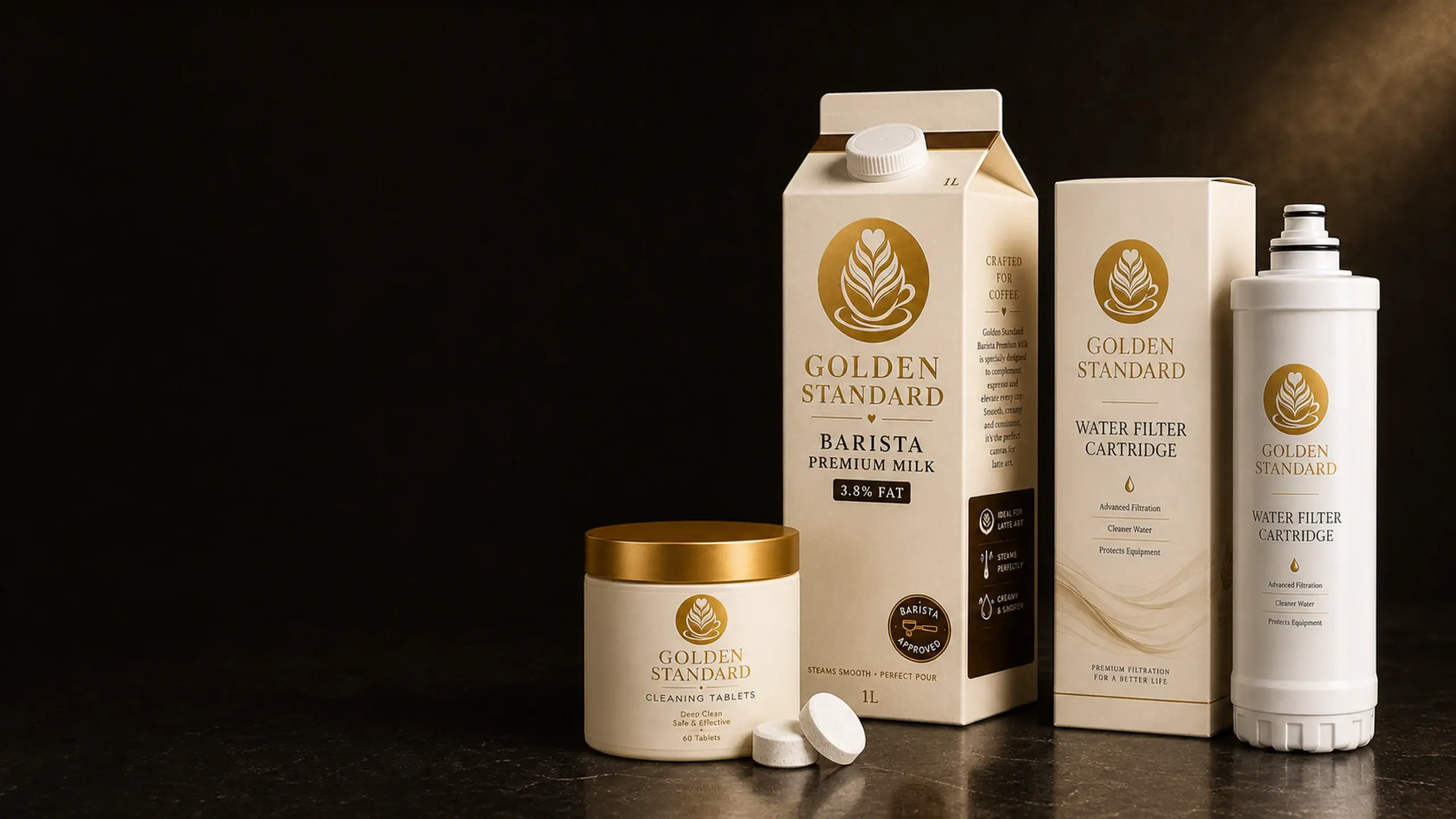 Golden Standard Milch, Reinigungstabletten und Wasserfilter als Bestandteile des Verbrauchssystems
