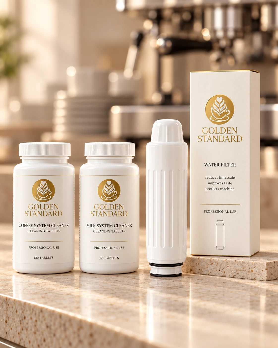 Golden Standard tablete za čišćenje i Water Filter — pakovanja i uložak na šanku