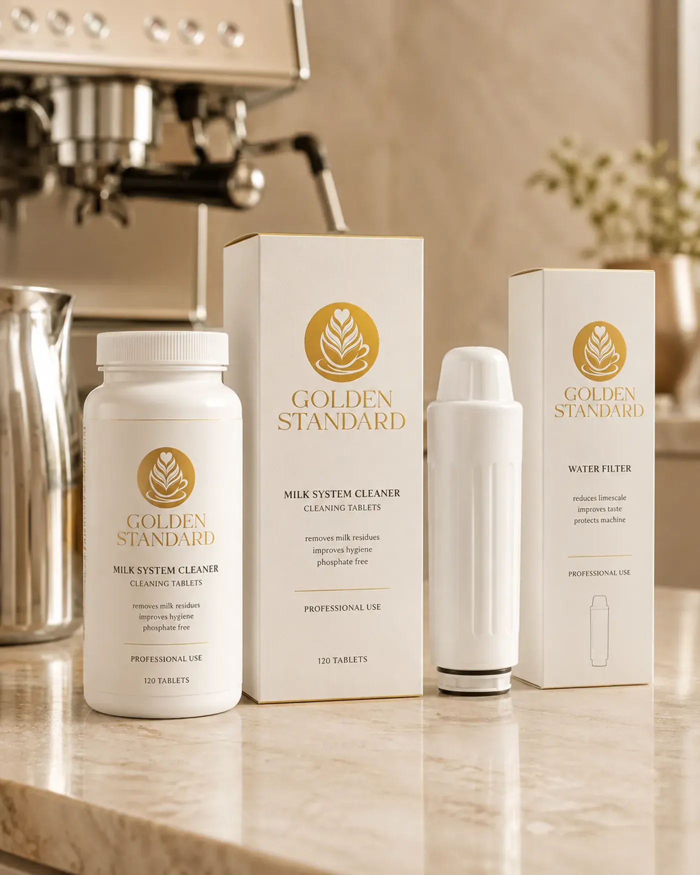 Golden Standard Milk System Cleaner tablete i Water Filter — pakovanja i uložak na šanku
